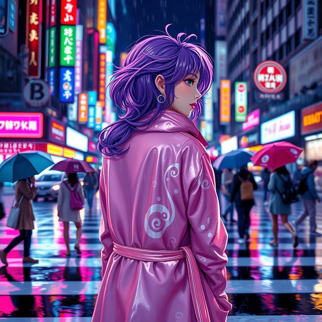Woman in Pastel Raincoat Under Neon City Lights