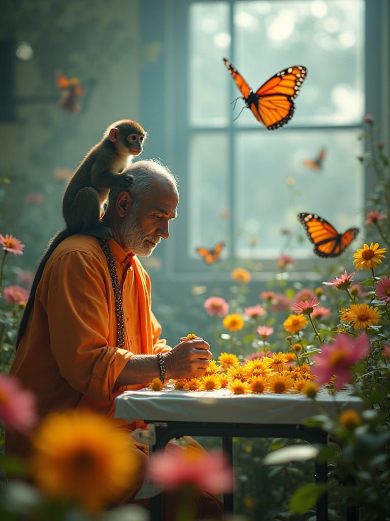 Ethereal Surrealism of Devotees with Monkeys in a Flower San...