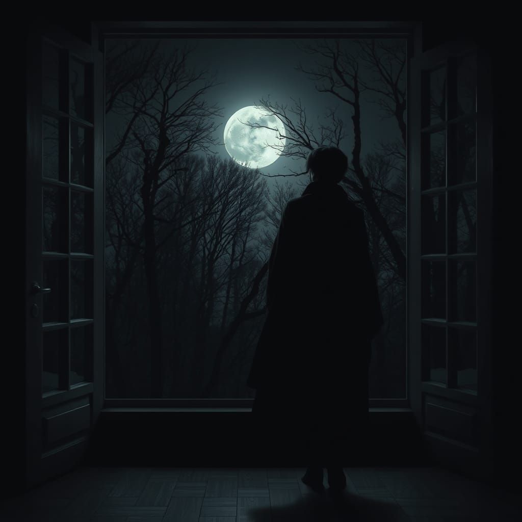 Ethereal Woman Silhouetted at Window in Dark Forest