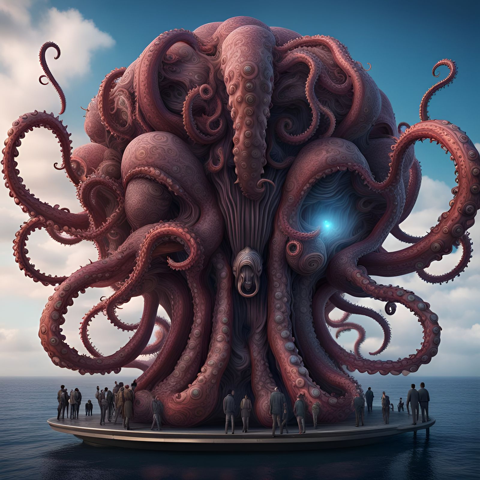 Computer Head with Octopus Tails Waving People