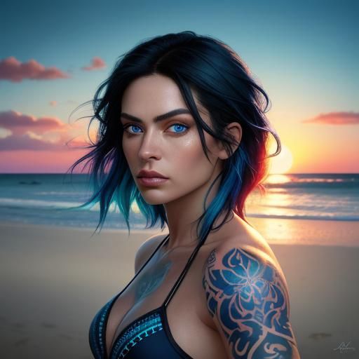 Latina Woman on Beach in Vivid Oil Painting Style