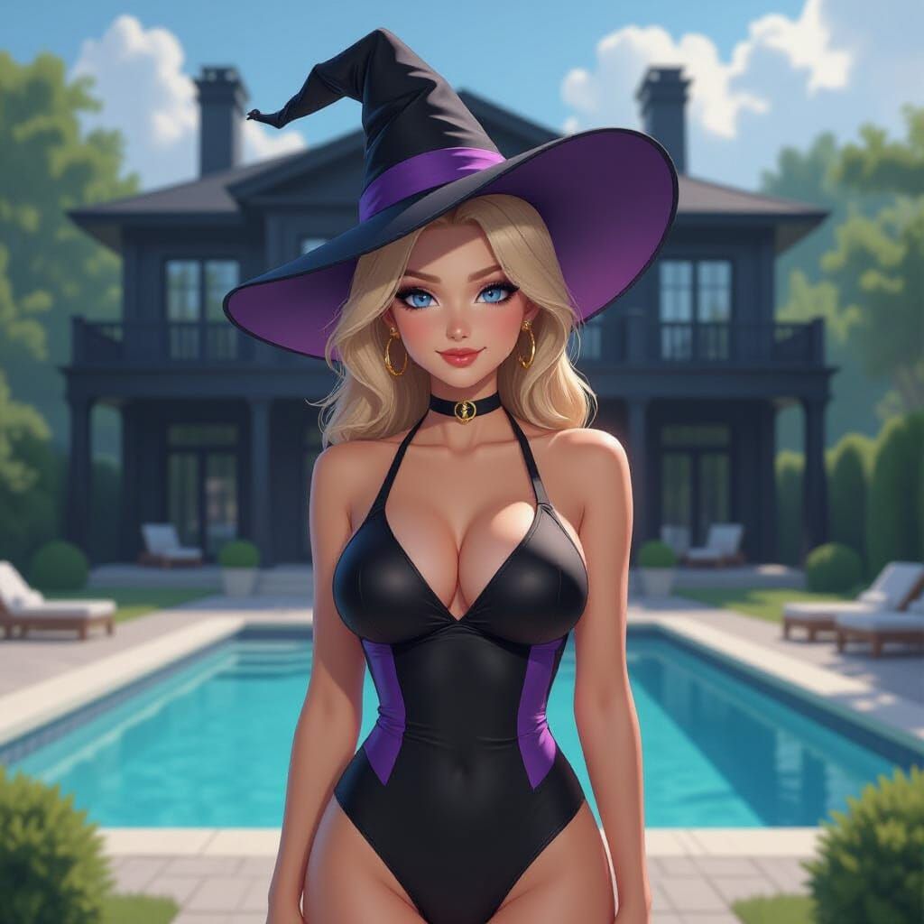 Blonde Witch in Mansion Backyard, Futuristic Style