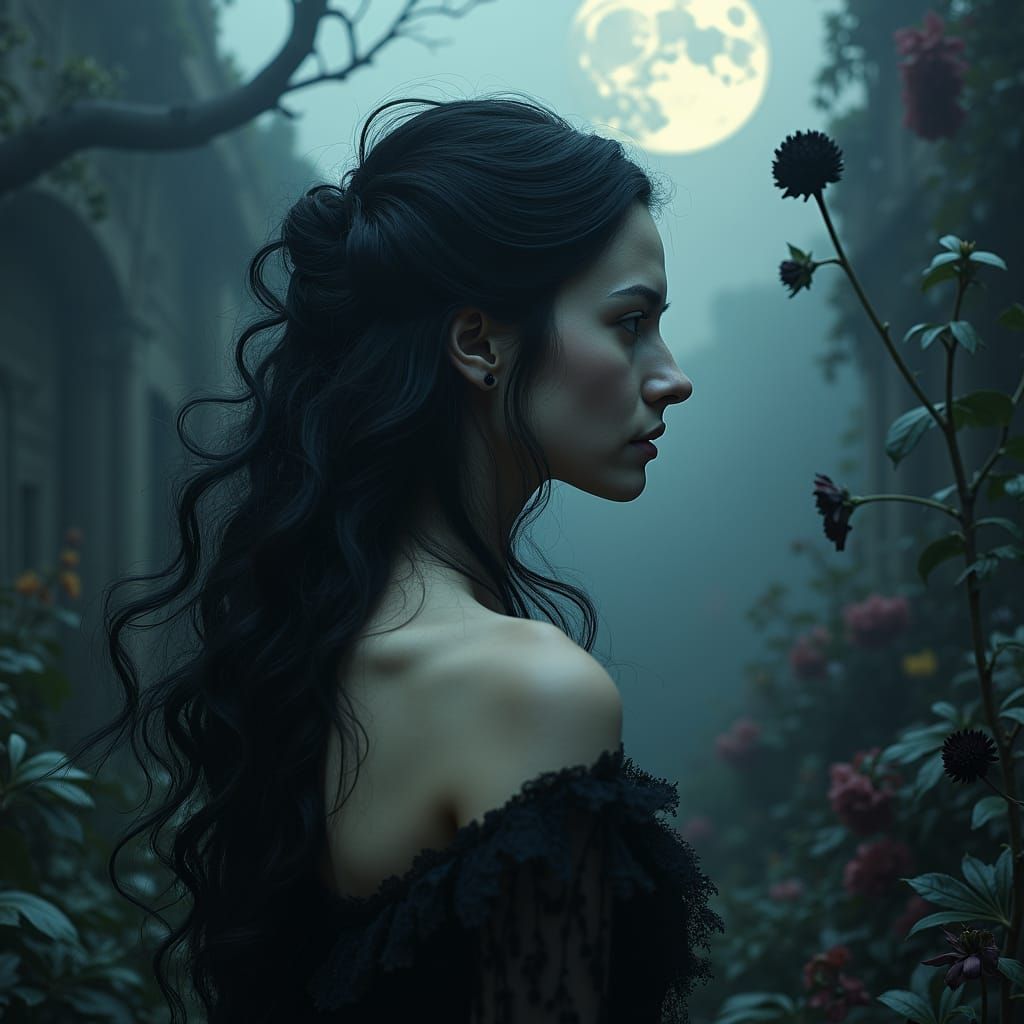 Ethereal Woman in Gothic Garden, Cinematic Futurism