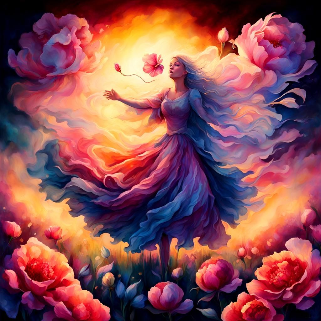 Floating Flowers in Golden Meadow: Alcohol Ink Art