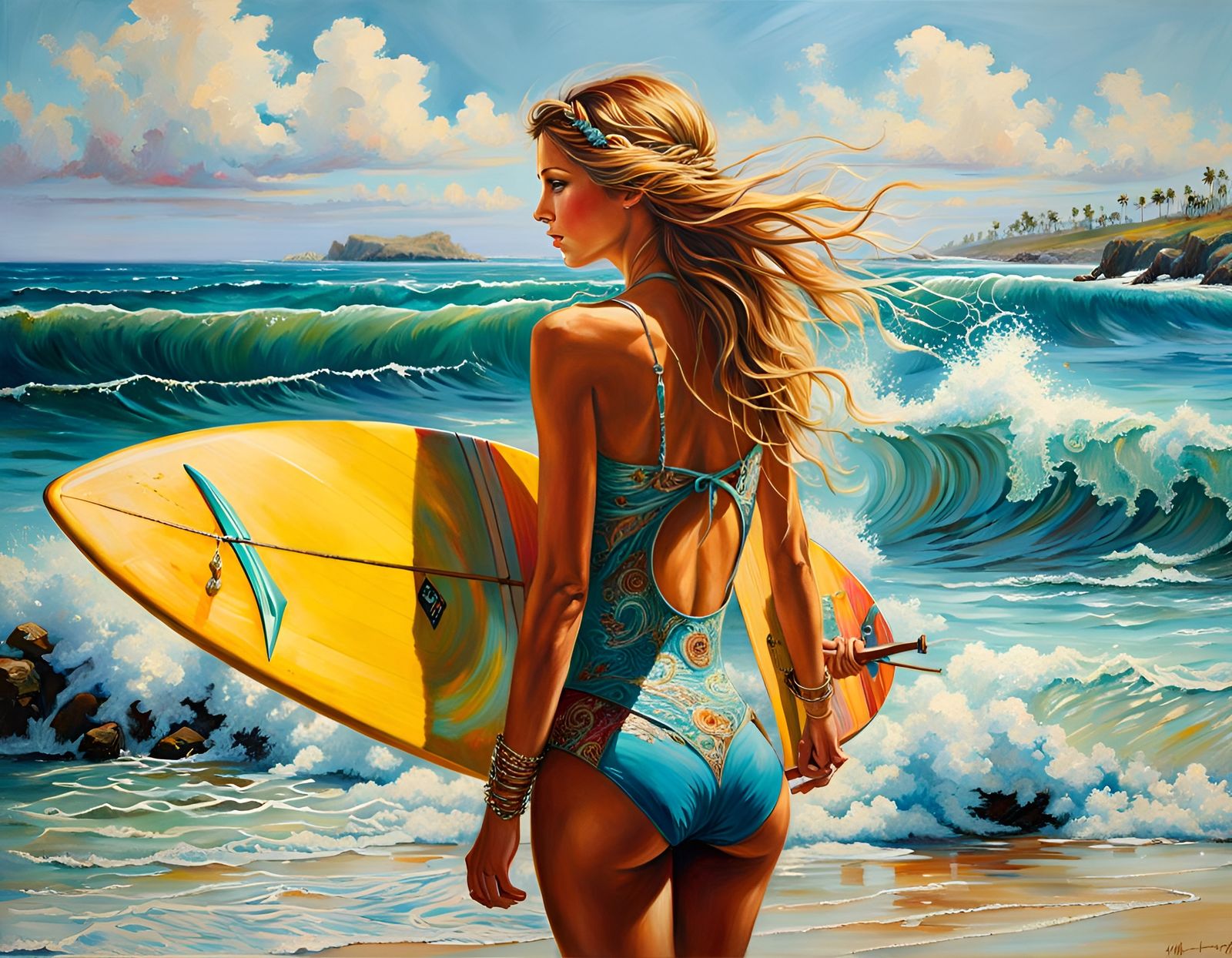 Beautiful Surfer Girl Oil Painting on Canvas