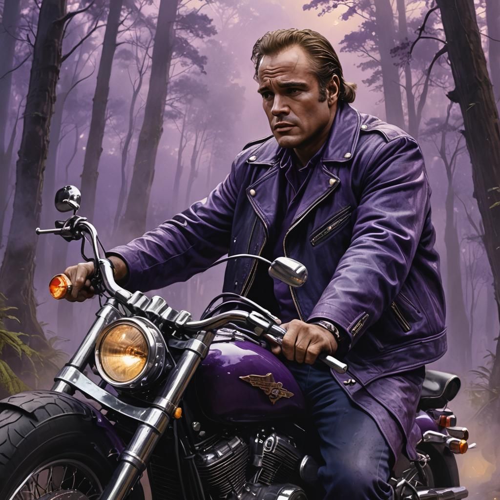 Biker in Purple Jacket Rides Mystical Forest