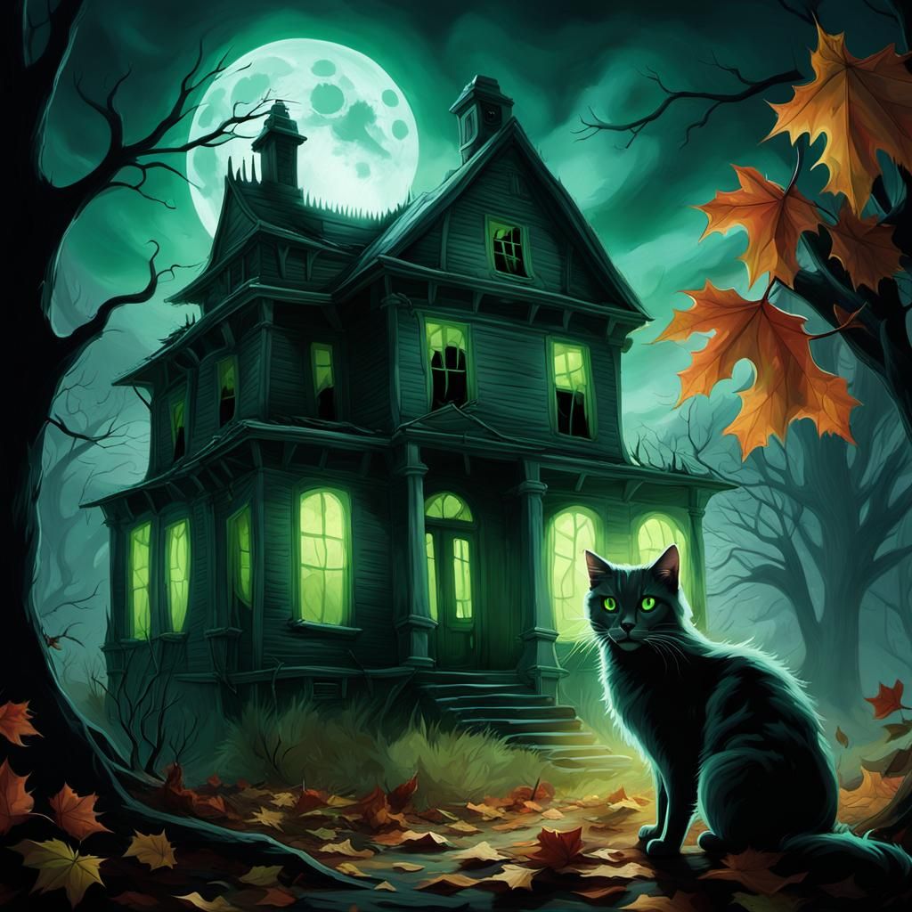 Ethereal Ghost Cat Prowls Haunted House