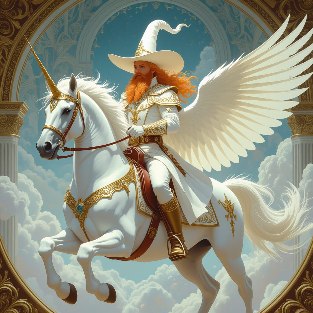 White Wizard on Pegasus in Baroque Surreal Scene