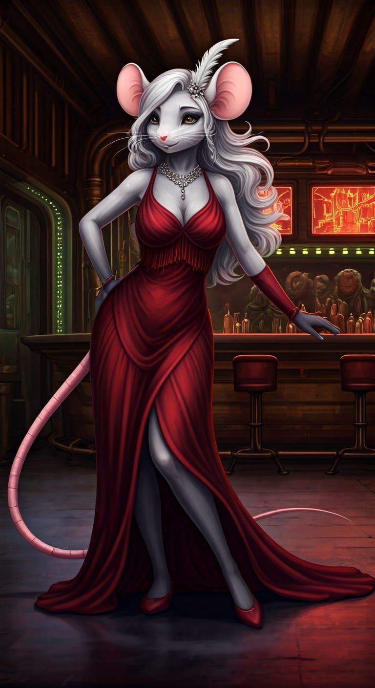 Mouse-Woman Dancing in Cyberpunk Dive Bar