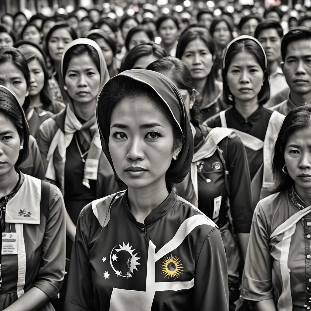 Sad Malay Woman in Flag Dress, Lee Jeffries Style