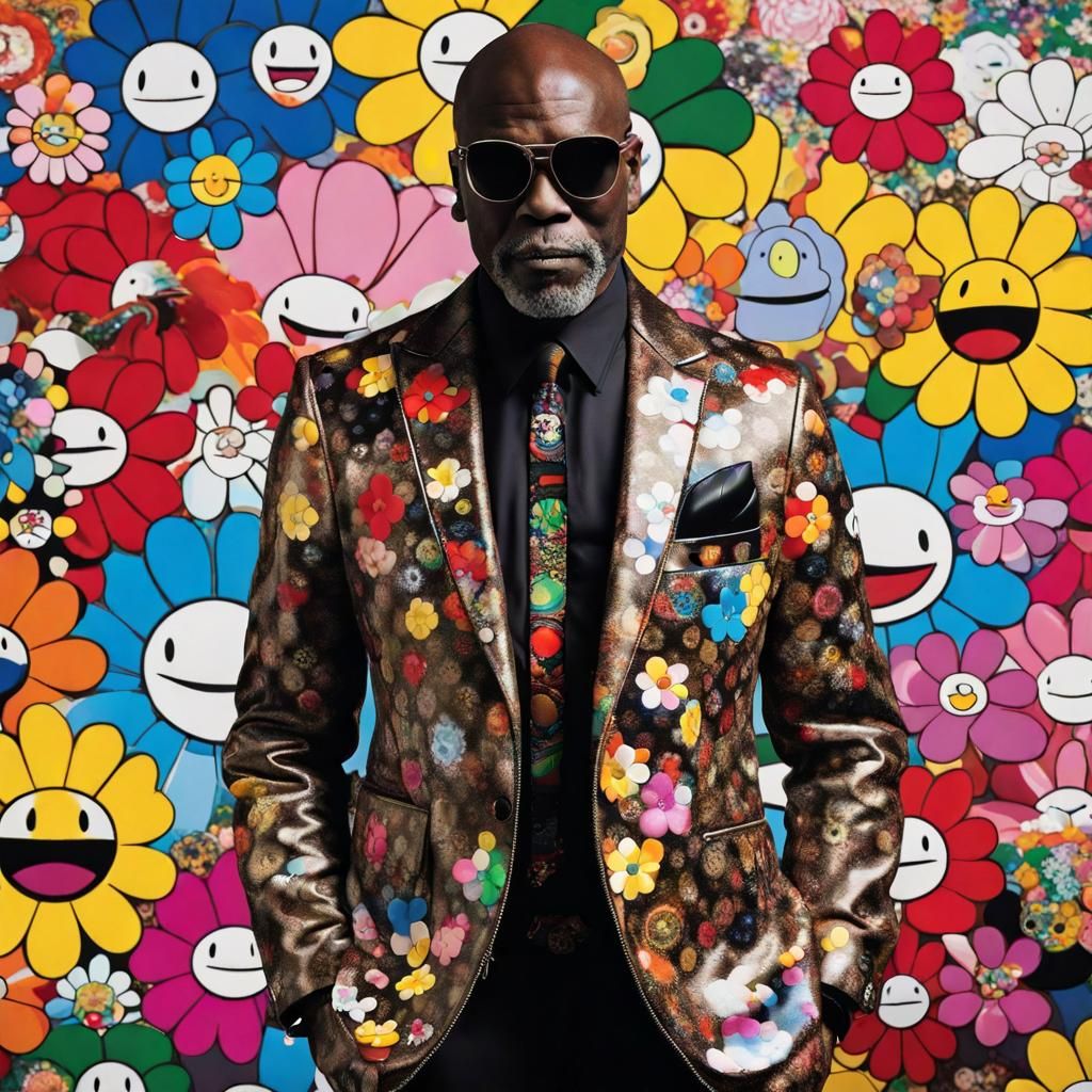 16k resolution, art by Takashi Murakami and Dapper Dan. A fusion of luxury and street: tailored velour suit, oversized l...