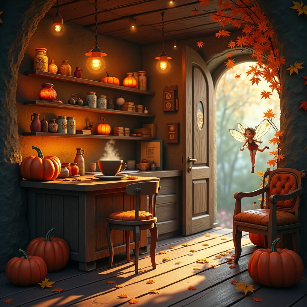 Enchanted Autumn Coffee Shop with Fairy