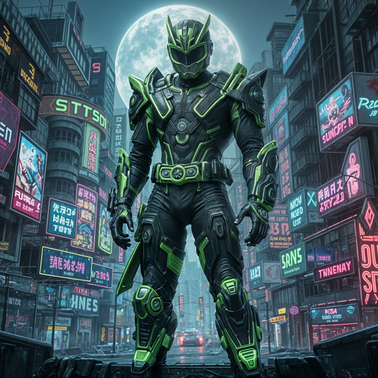 Green Ranger Fights in Cyberpunk City