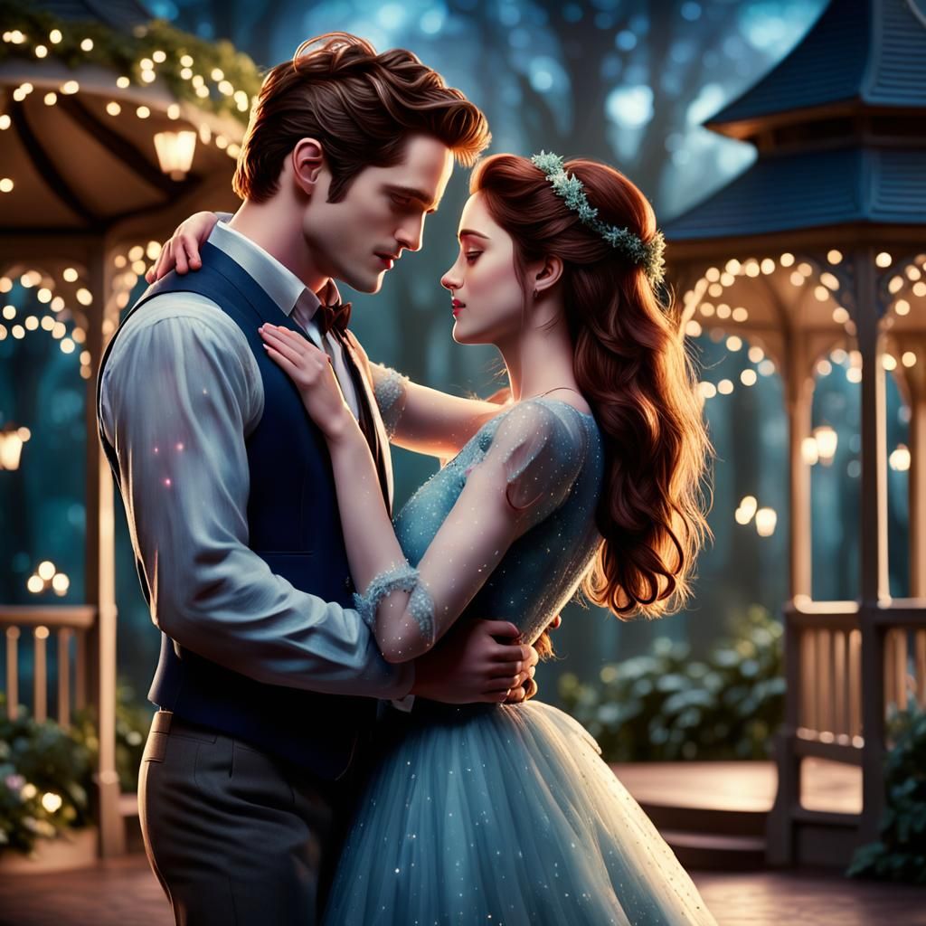 Twilight movie scene with Edward and Bella dancing in a magi...