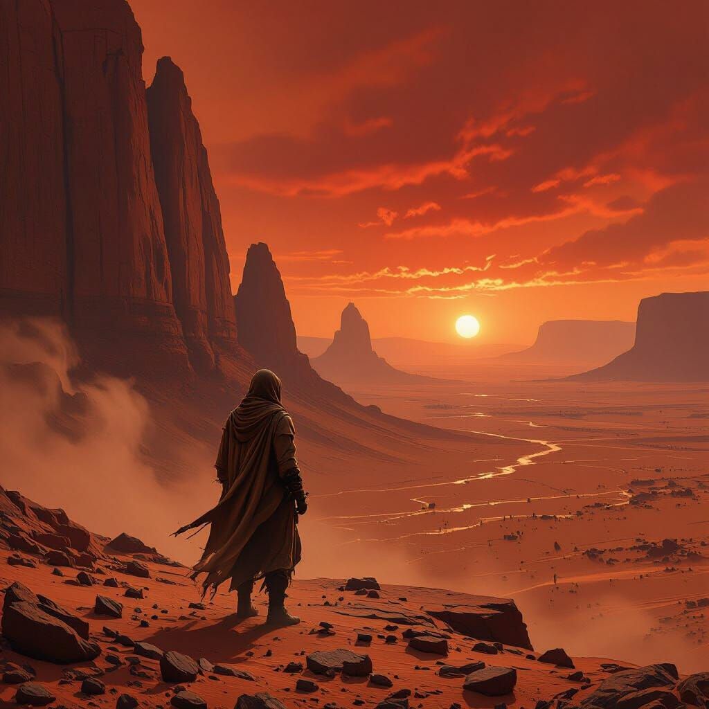 Martian Traveler on Mesa Edge: Epic Atmospheric Landscape