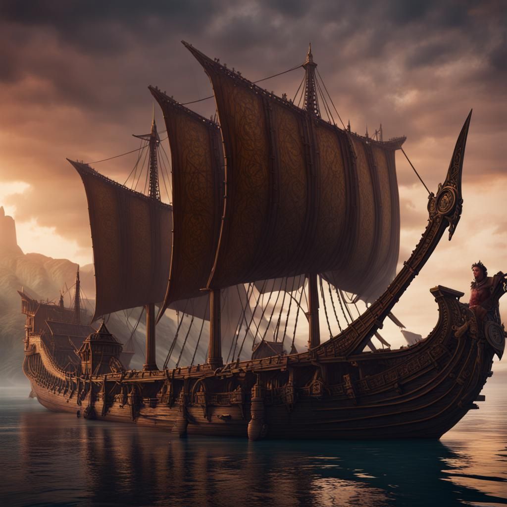 Fantastical Trireme in Detailed Matte Painting Style