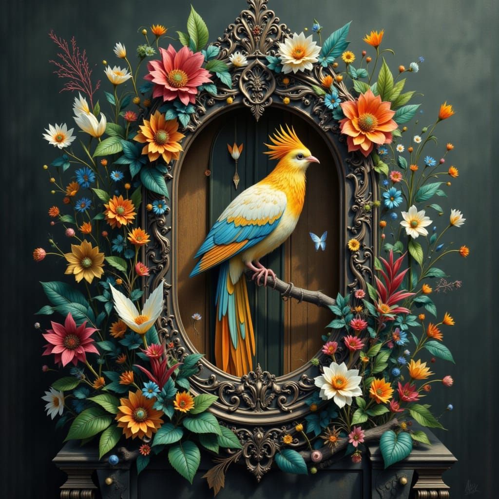 Dove Chained in Cage, Vibrant Deco Surreal Art