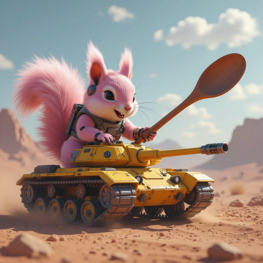 Pink Squirrel Fights Giant Spoon in Sci-Fi Desert Battle