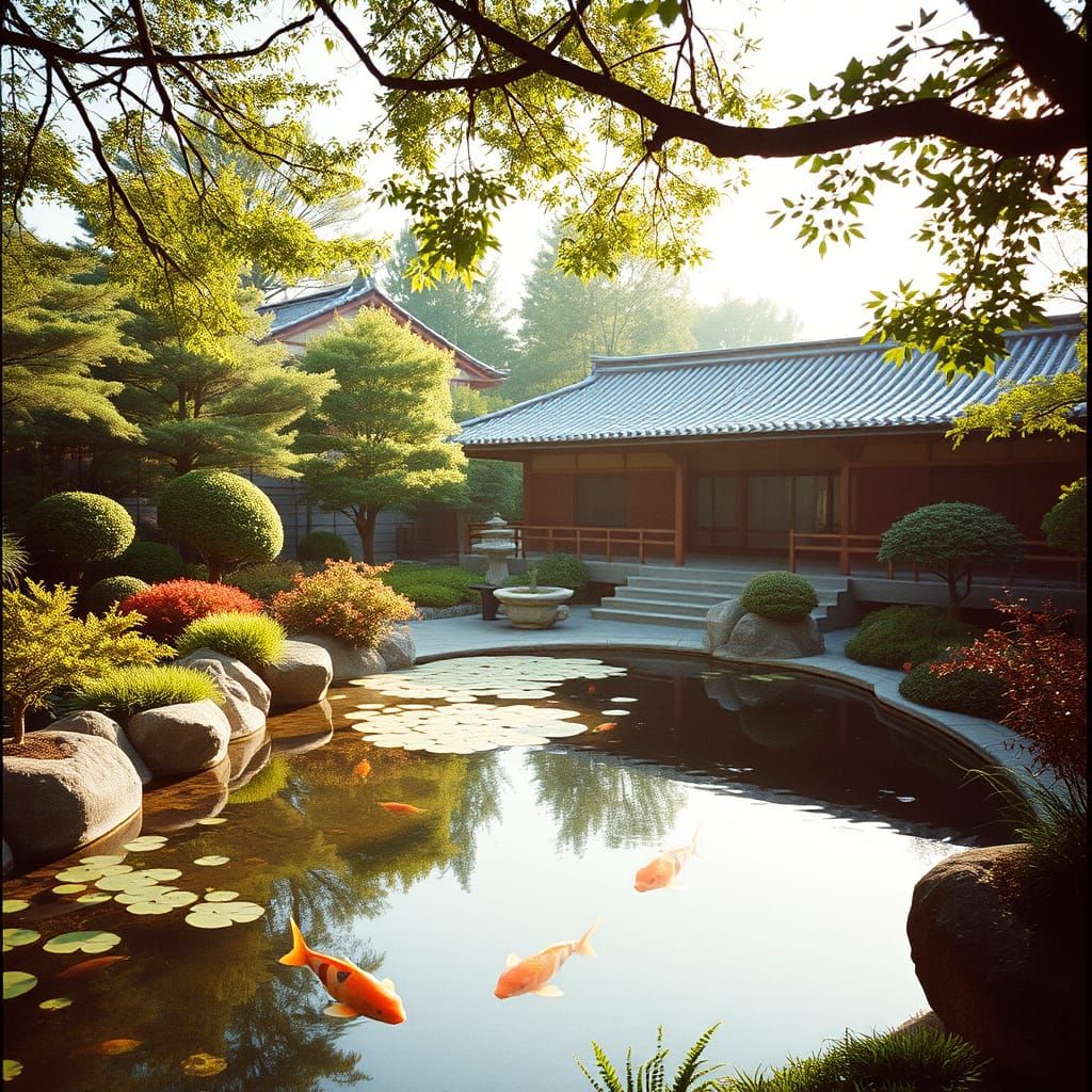 Serenely Lush Japanese Garden in Warm Light