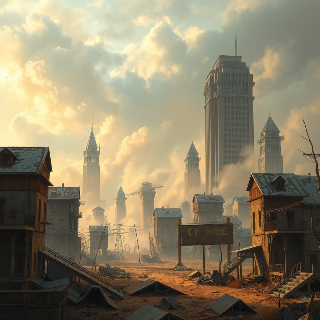 Ethereal Post-Atomic Cityscape with Misty Sky