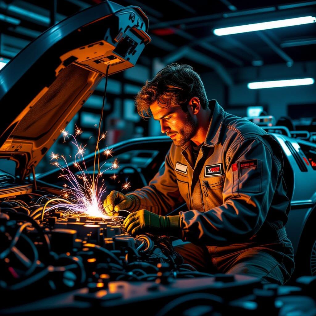 Mechanic Repairs DeLorean Time Machine in Retro-Futuristic A...