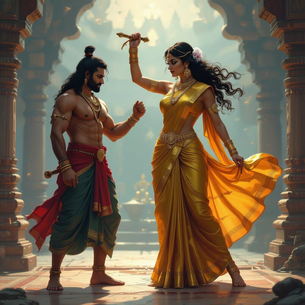 Indian Goddess Whipping Husband in Mystical Temple