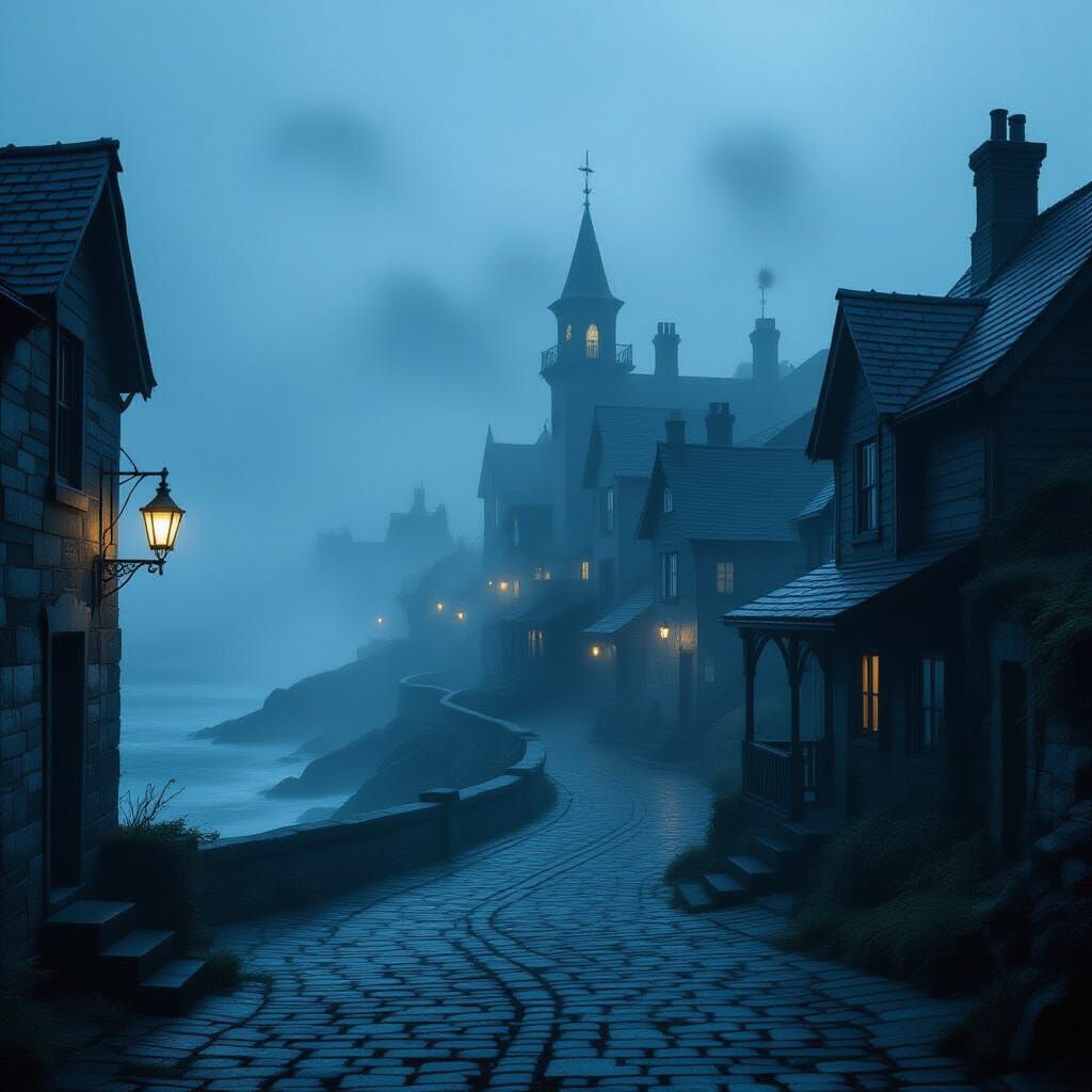 Fog-Shrouded Abandoned Town at Dusk