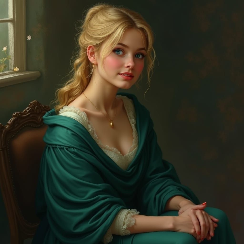 Woman in Autumnal Dress with Emerald Green Attire