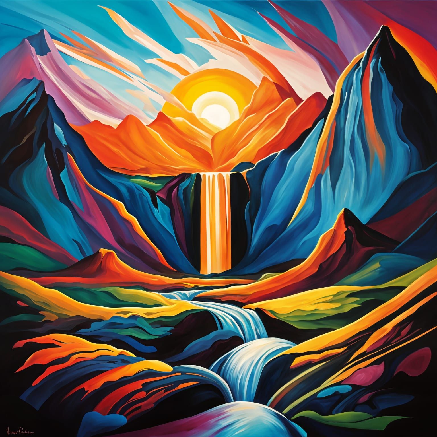 Abstract Mountain Summit with Waterfall at Sunrise