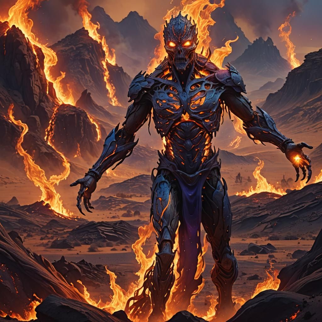 Fire Elemental in Burning Desert Landscape