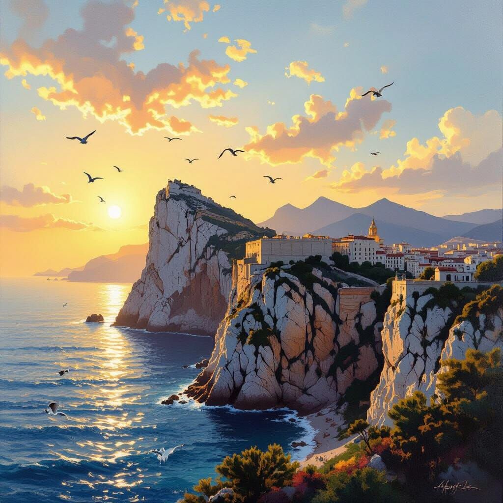 Golden Hour at the Rock of Gibraltar Oil Painting