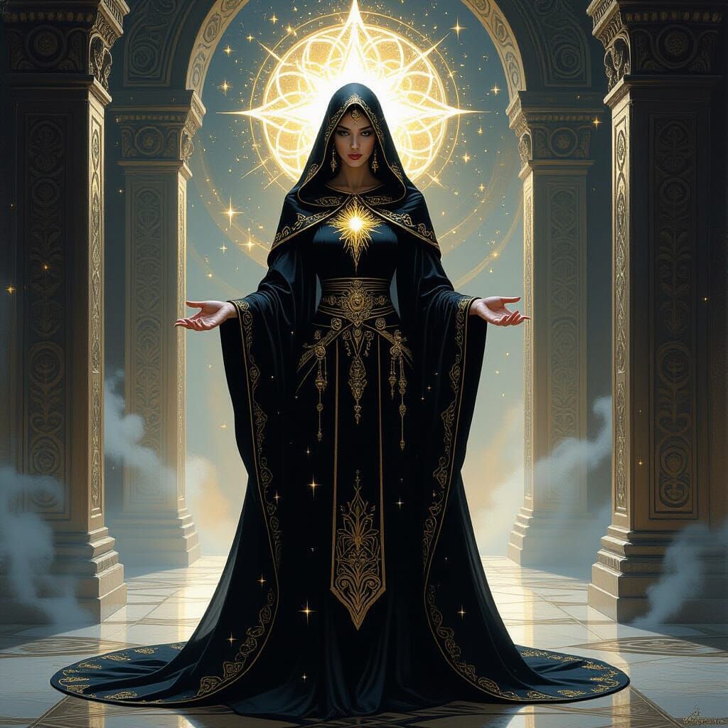 Mystical Priestess in Starry Temple, Fantasy Art