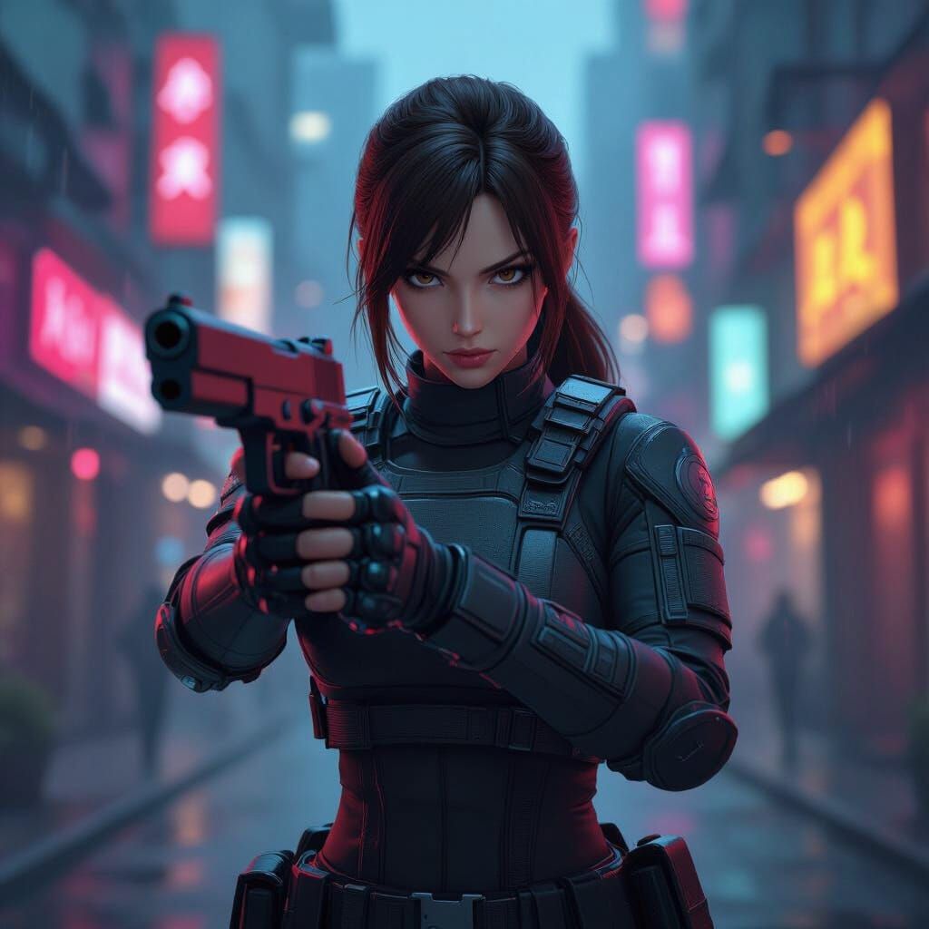 Cyberpunk Agent with Pistol in Neon City