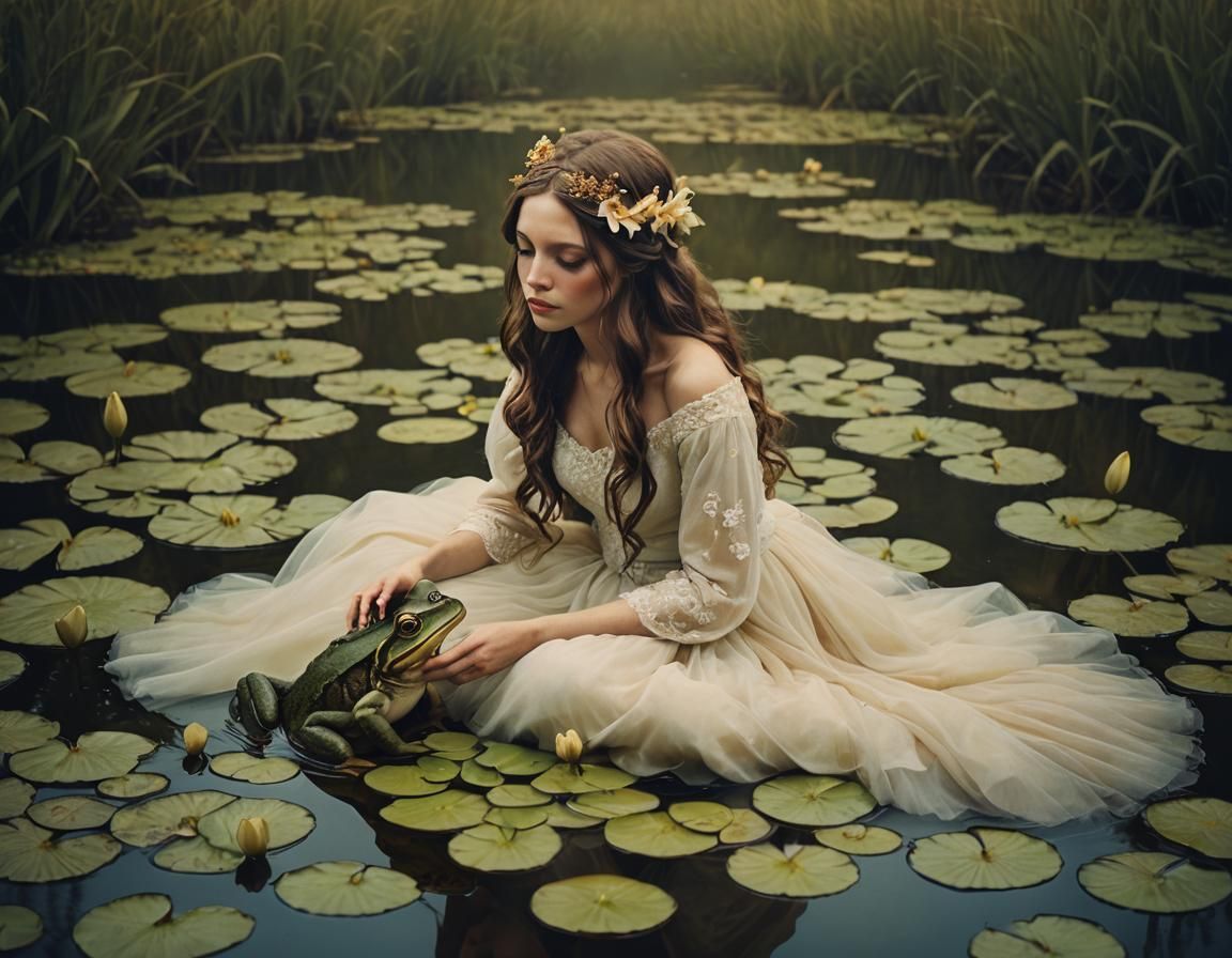 Bride Kissing Frog in Lily Pond Portrait