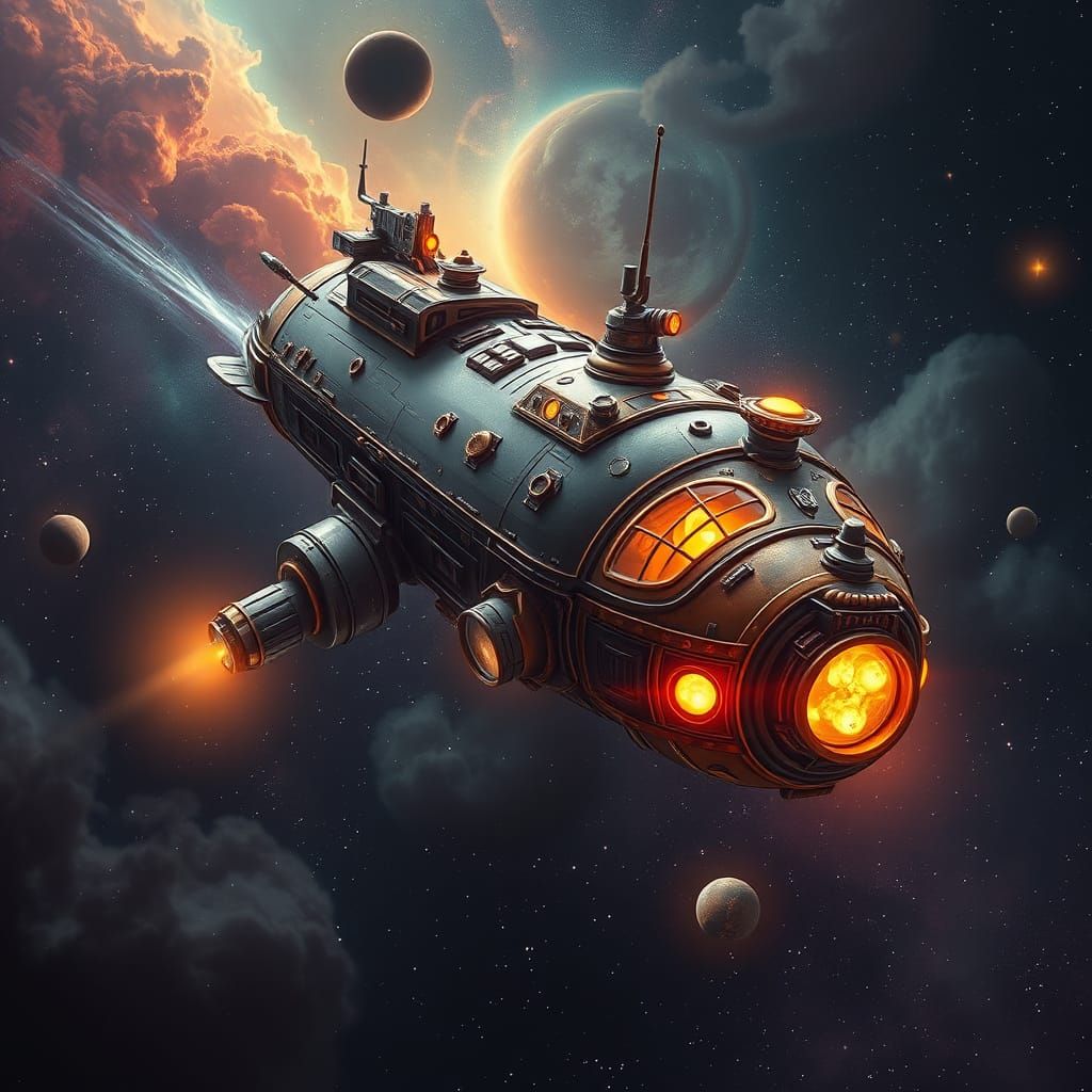 A vintage spaceship, retro-futuristic in design, drifts thro...