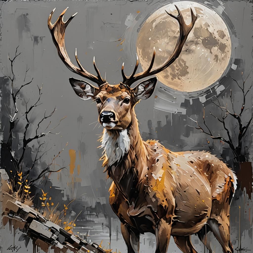 Abstract Deer with Antlers in Palette Knife Style