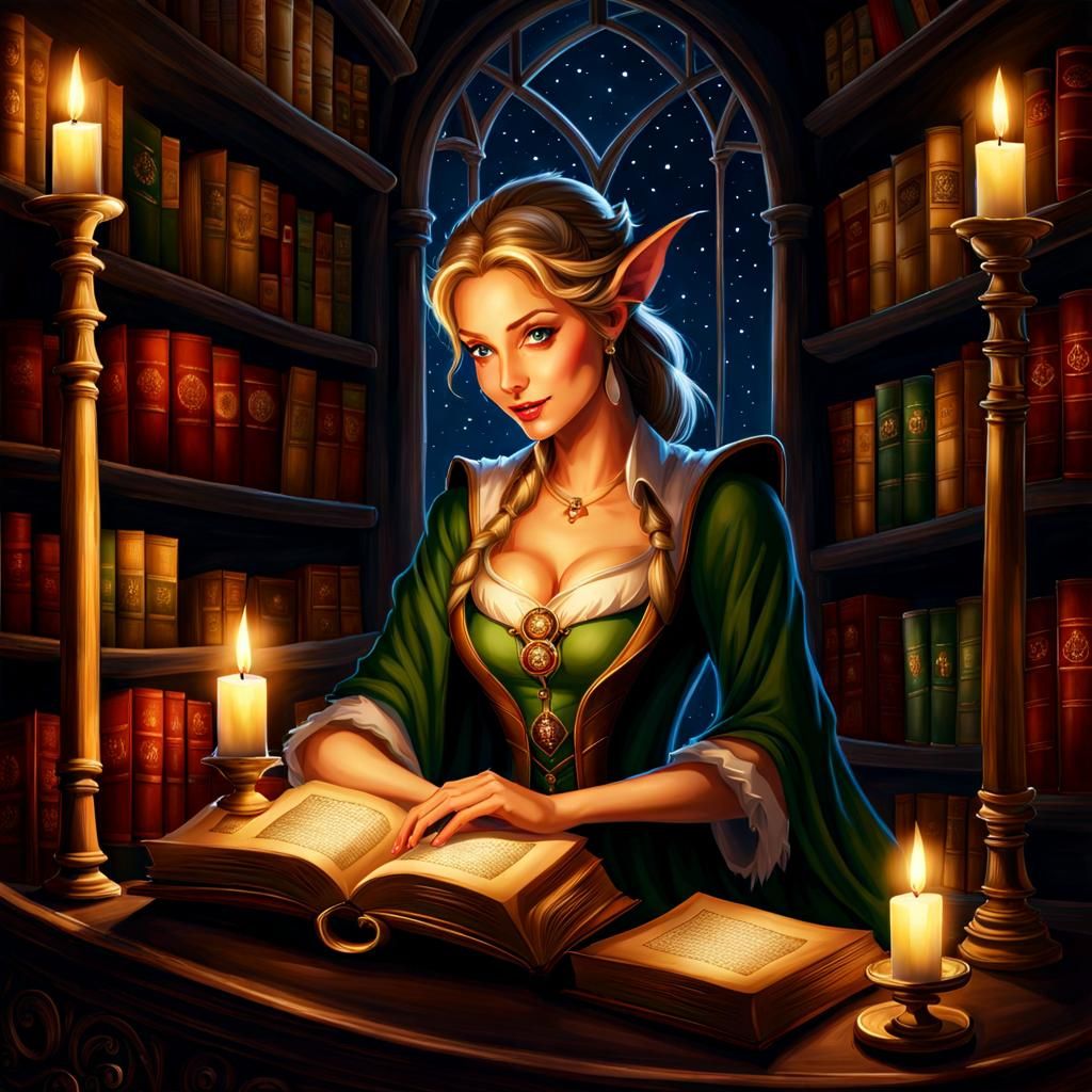 Enchanting Elf Librarian in a Magical Bookstore