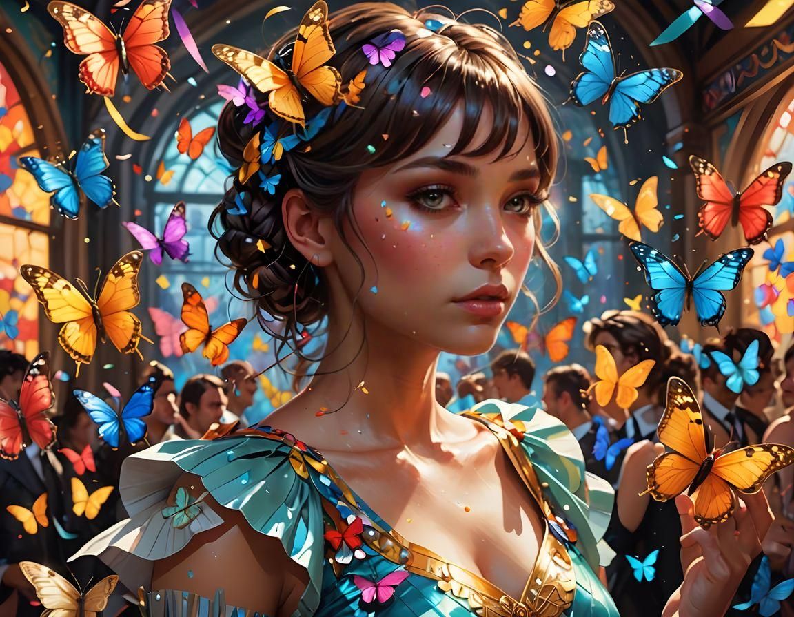 Butterflies Celebrate in Dance Hall, Digital Art