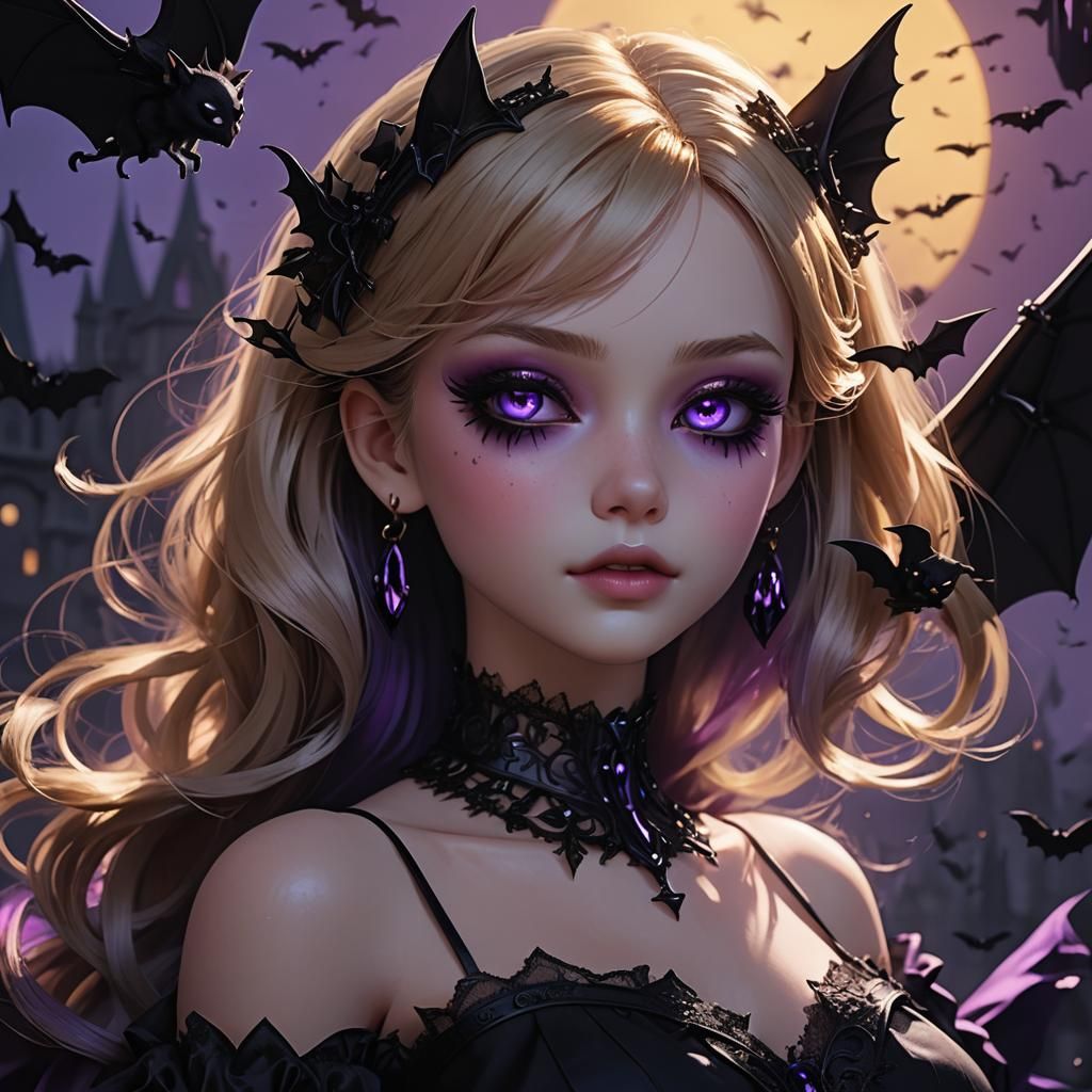 Gothic Anime Doll in Dark Shadows with Bats