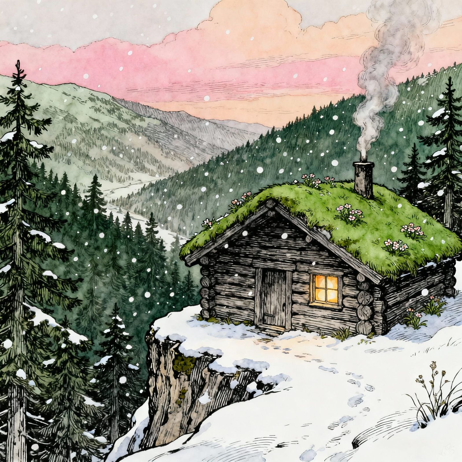 Cozy Log Cabin on Snowy Cliff Overlooking Valley