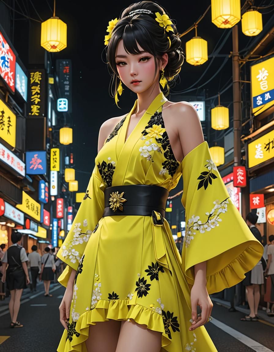 Neon Kimono Dress in Anime Style