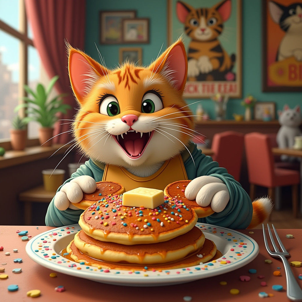 Cat Enjoying Pancake in Whimsical Pop Art Style