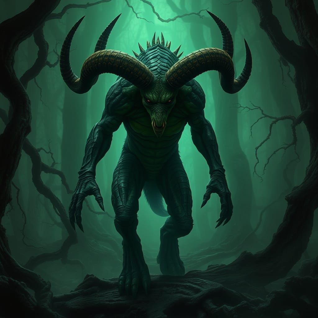 Menacing Lava Creature in Dark Emerald Forest