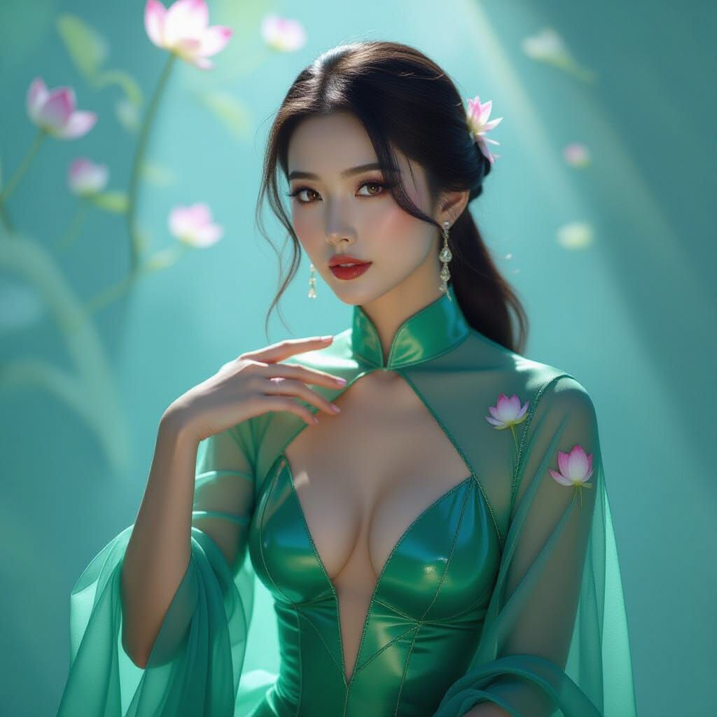 Mei-Ling in Holographic Jade Latex with Silk Sleeves