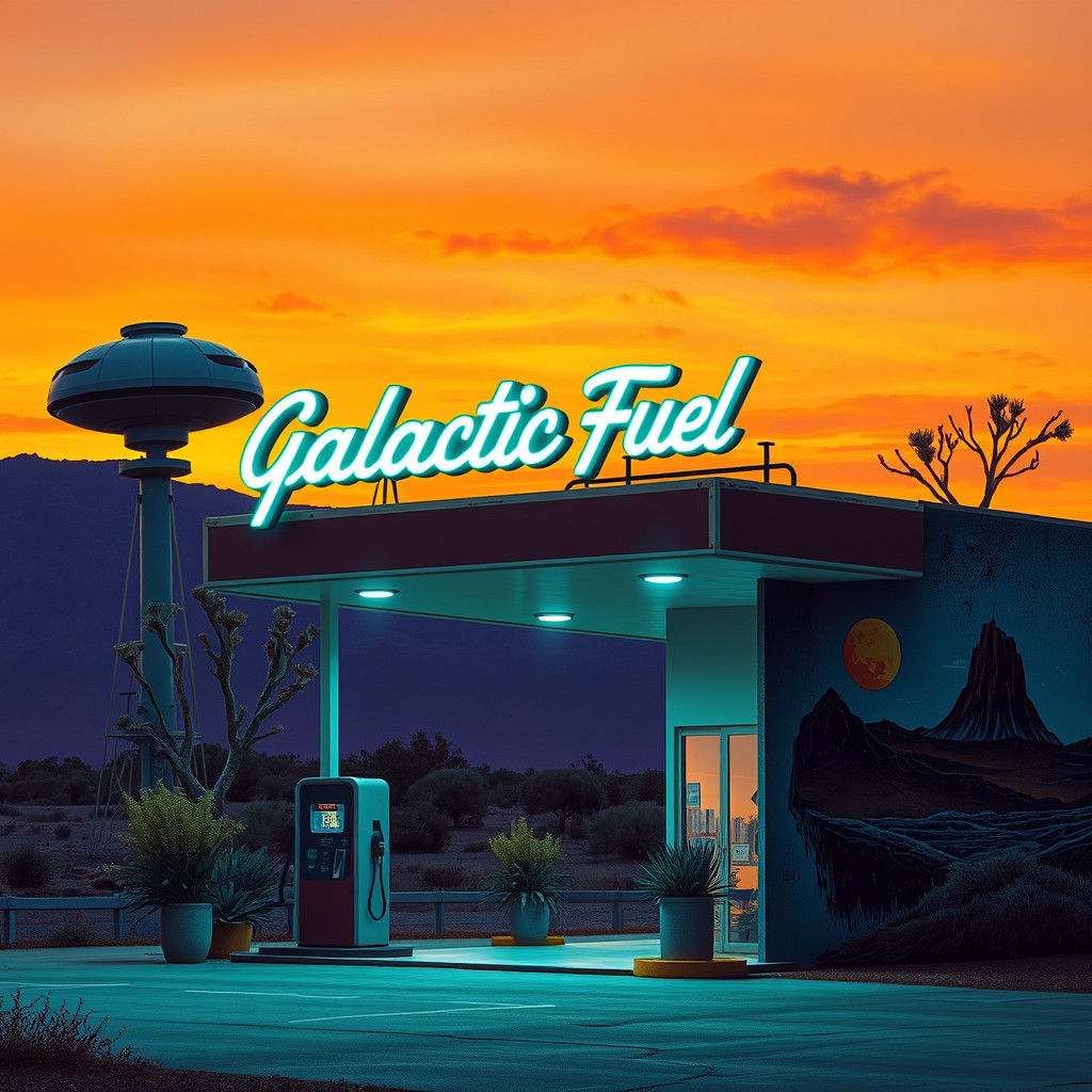 Retro-Futuristic Alien Gas Station in Cubist Impressionism