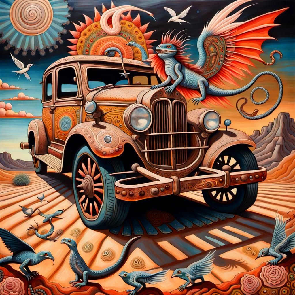 Folk-Art Desert Scene with Lizards and Birds