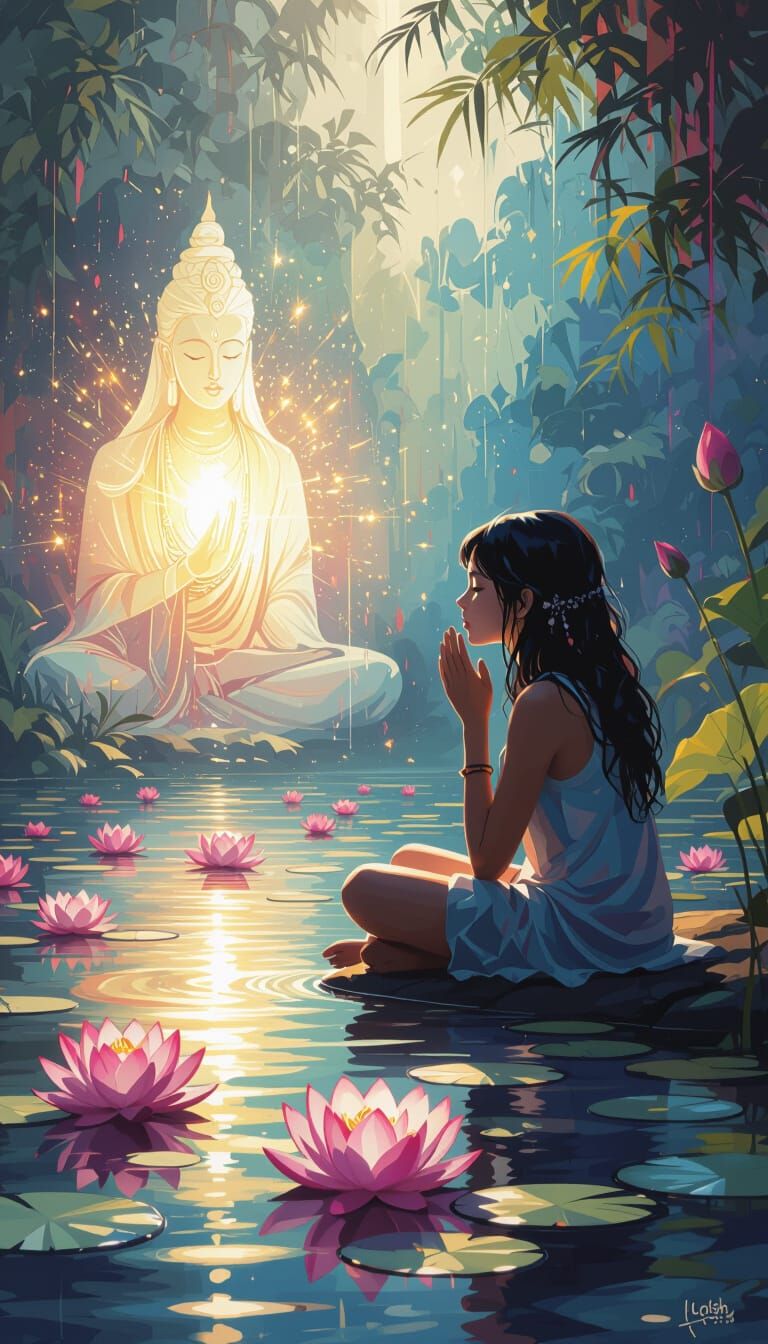 Girl Whispering by Lotus Pond, Graffiti Splash Art