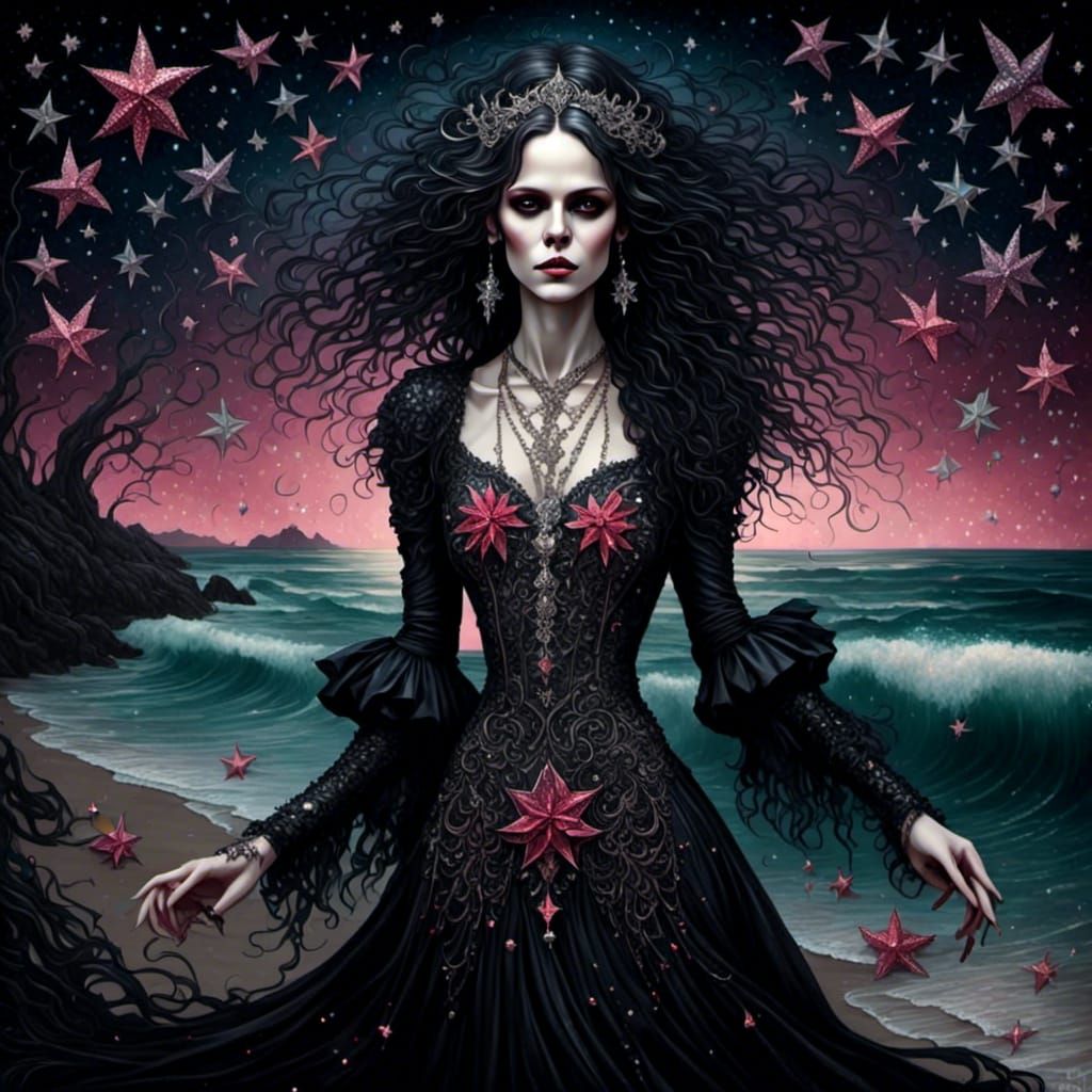 Mystical Midnight Beach Stroll with Glittering Stars