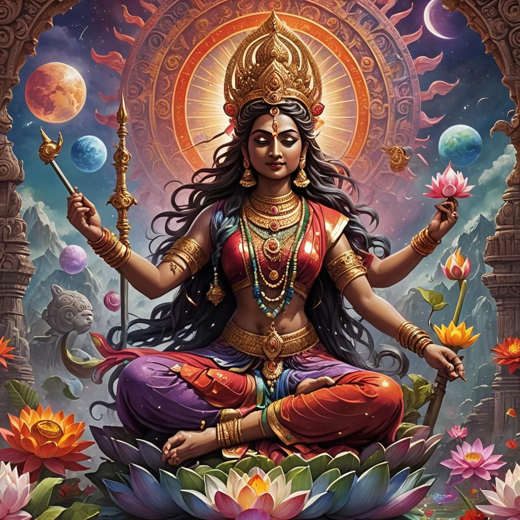 Hindu Goddess with Fire and Lotus