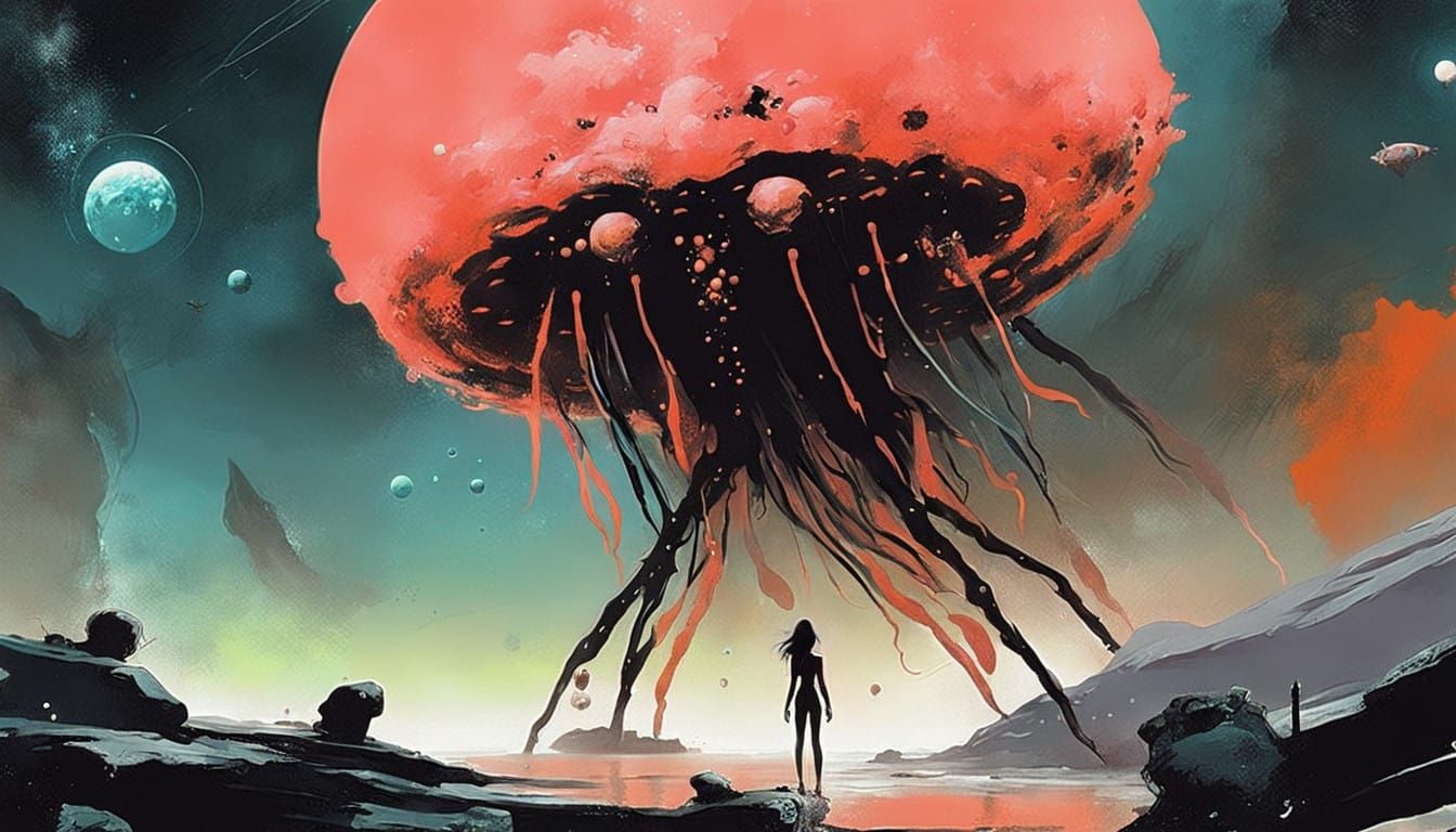 Celestial Space Jellyfish in a Vibrant, Cosmic Landscape